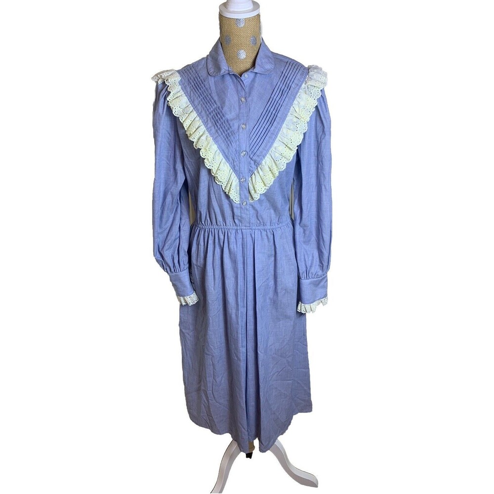 Vtg Donna Morgan Non Stop Prairie Dress Med Union Made USA NWT Lace Blue Cottage - Picture 1 of 10